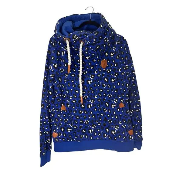 *SOLD* Wanakome Leopard Print Hoodie Blue Black Cozy Fleece Lined XL Gorpcore - Picture 2 of 12